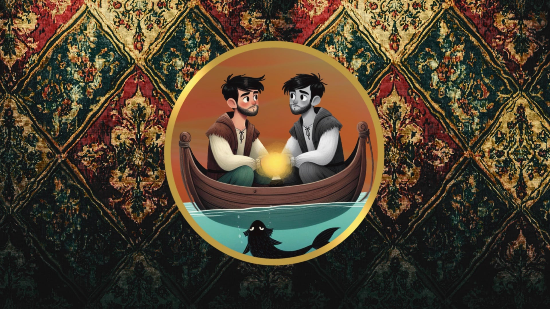 Echo’s Soul — key art: a gilt roundel on a tapestry ground, two figures in a boat above a dark sea creature.