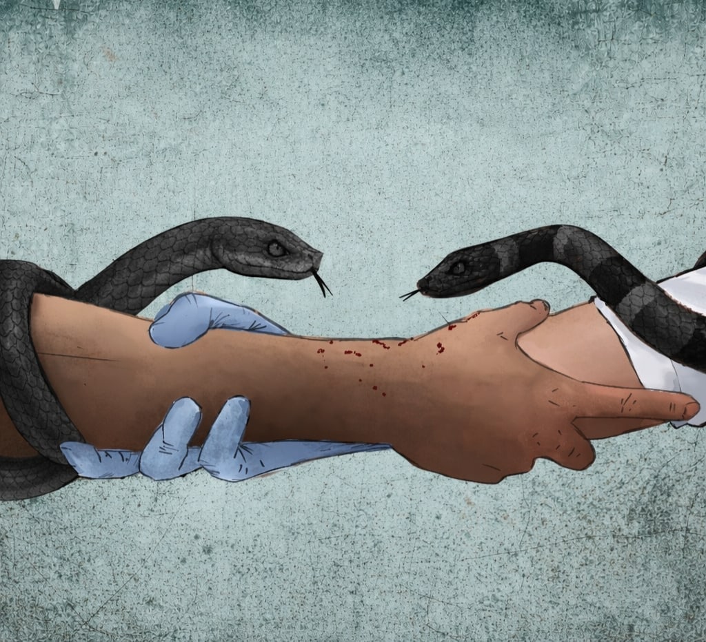 An Elephant in the Room — key art: two snakes coiling toward outstretched hands.