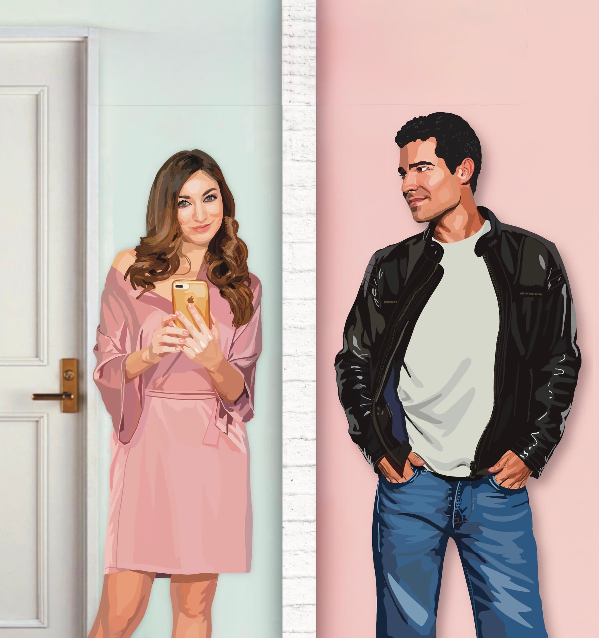 Next Door — key art: two neighbours on either side of a wall, one in pink, one in a leather jacket.