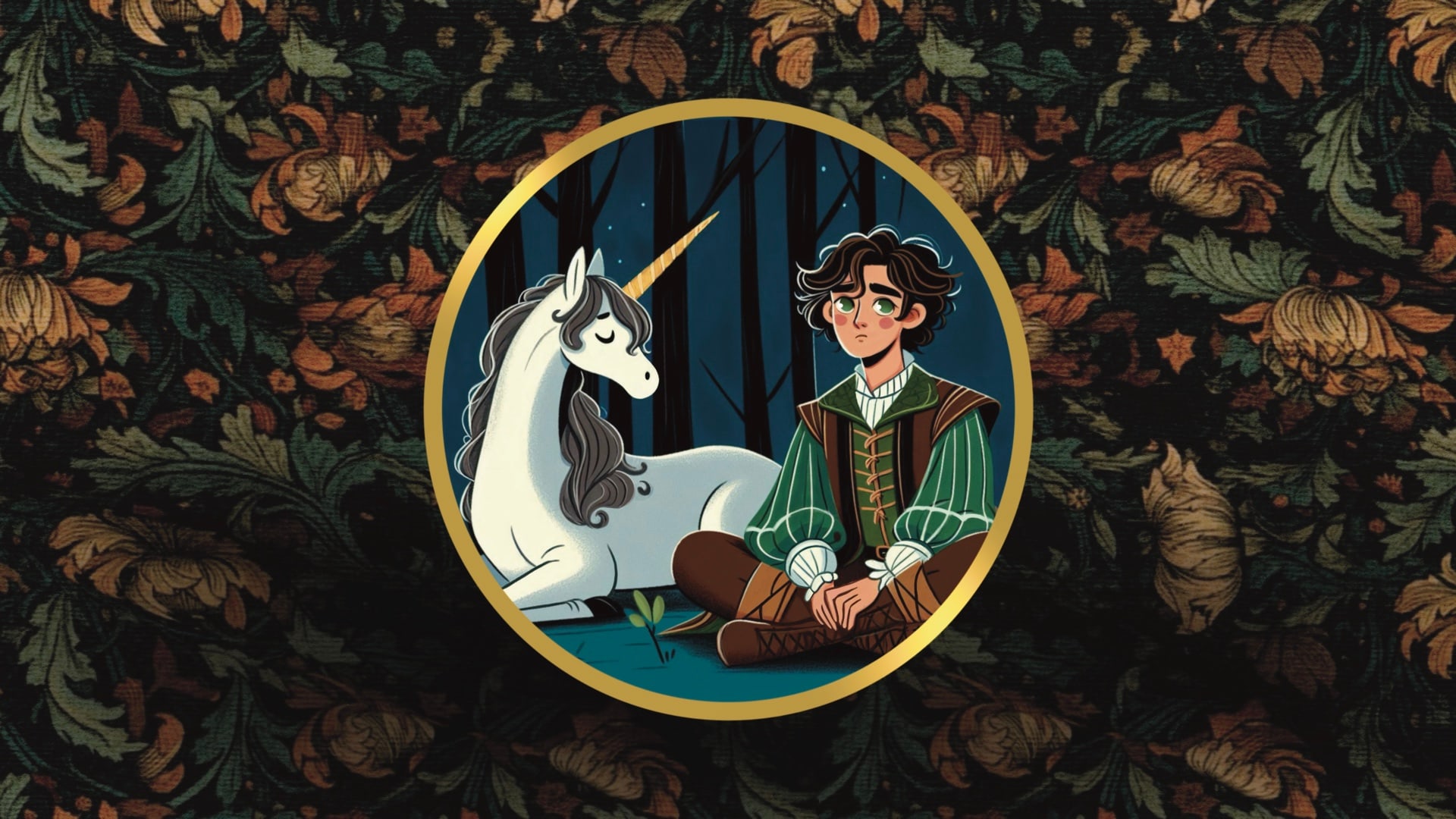 Orlin’s Hunt — key art: a gilt roundel on a tapestry ground, a young man seated beside a unicorn in a night forest.