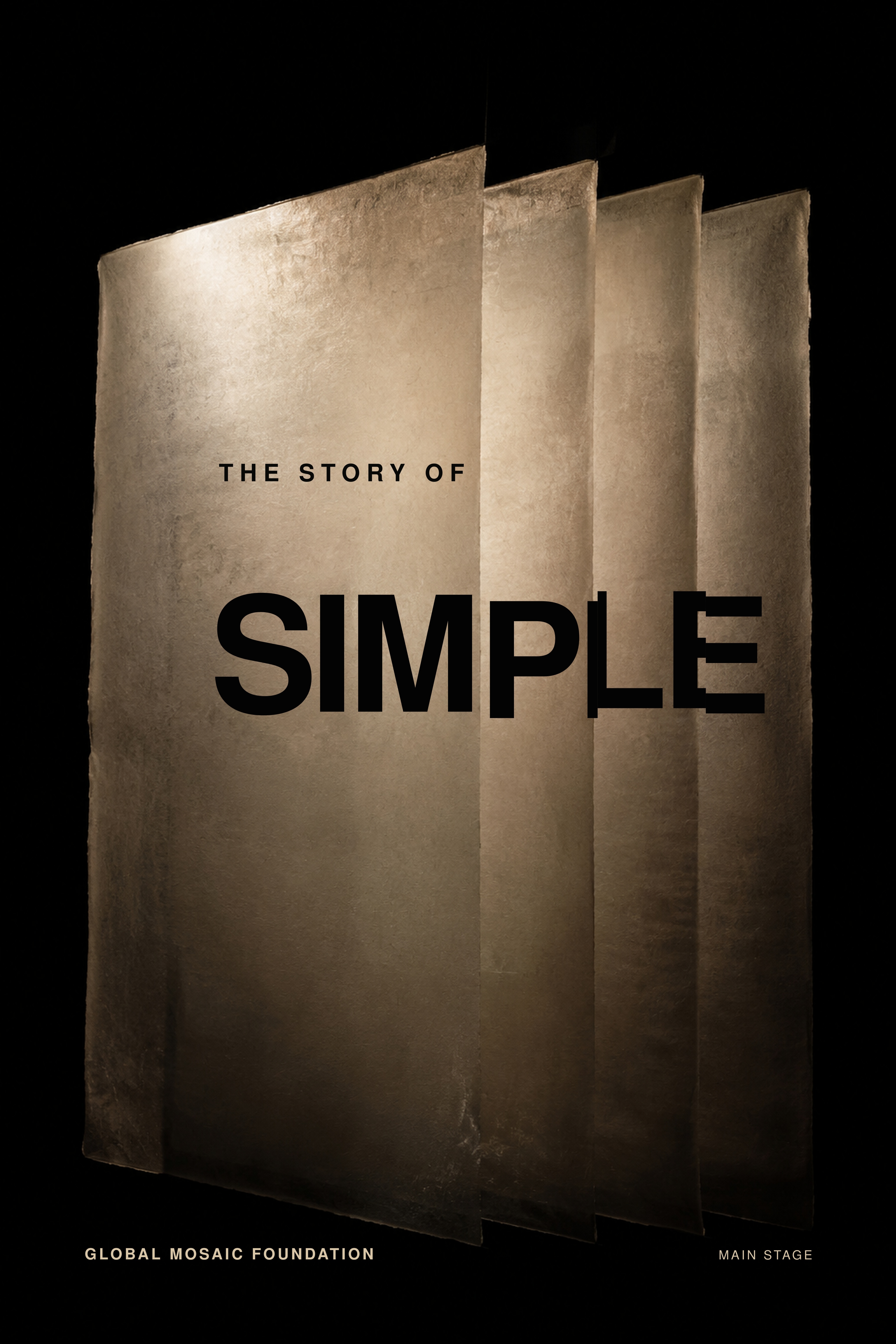 The Story Of Simple key art: translucent dirty-bone planes standing in black space, the title crossing their seams and changing alignment as it goes.